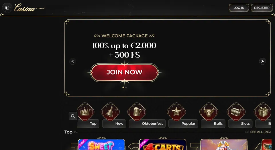 Homepage di Casina con la sezione casinò e sport