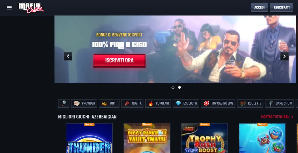 Homepage di Mafia Casino con il bonus sport