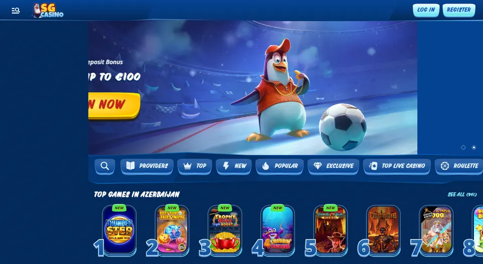 Homepage di SGCasino con il pacchetto di benvenuto